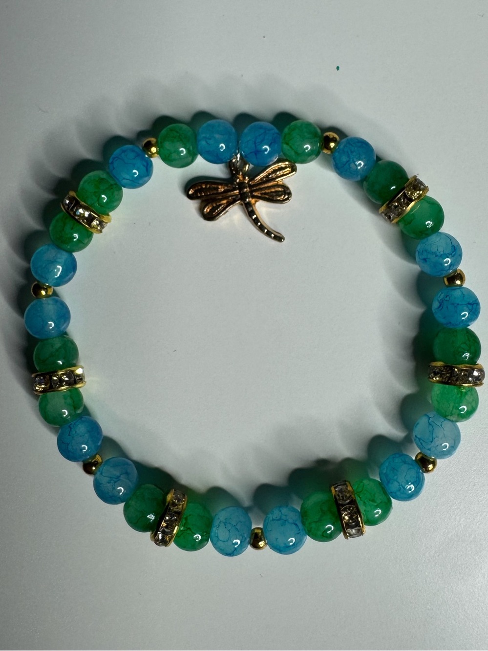 Blue Green Beaded Bracelet with Dragonfly Charm